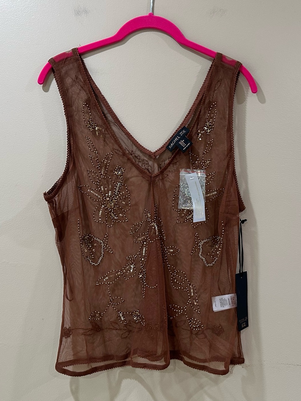 NWT Rachel Zoe Women's M Beaded Sheer Mesh Tank Top Camisole Brown Bronze Gold